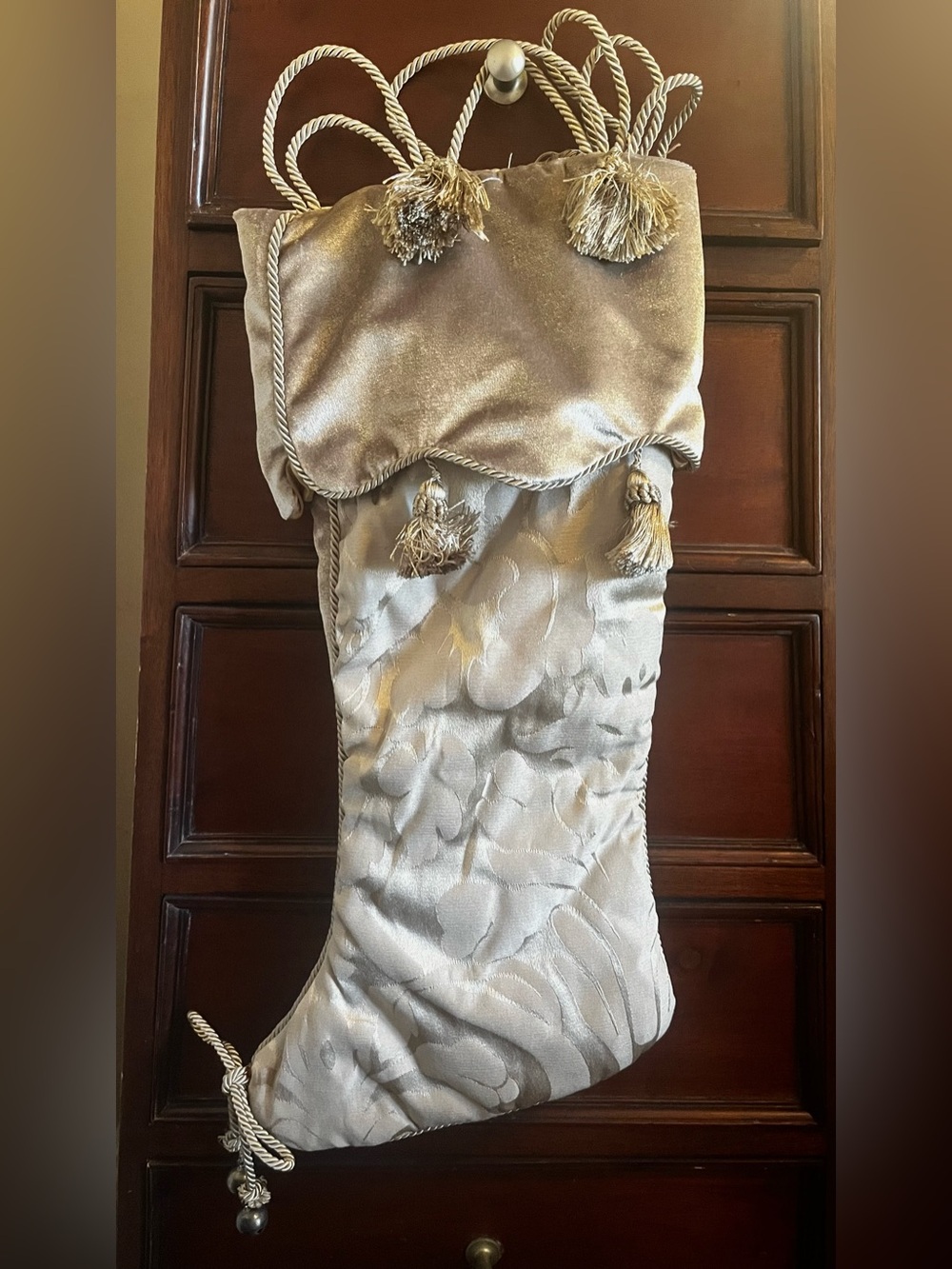 Rich Champagne jacquard Christmas stocking with Braided Tassels and bells. NWOT